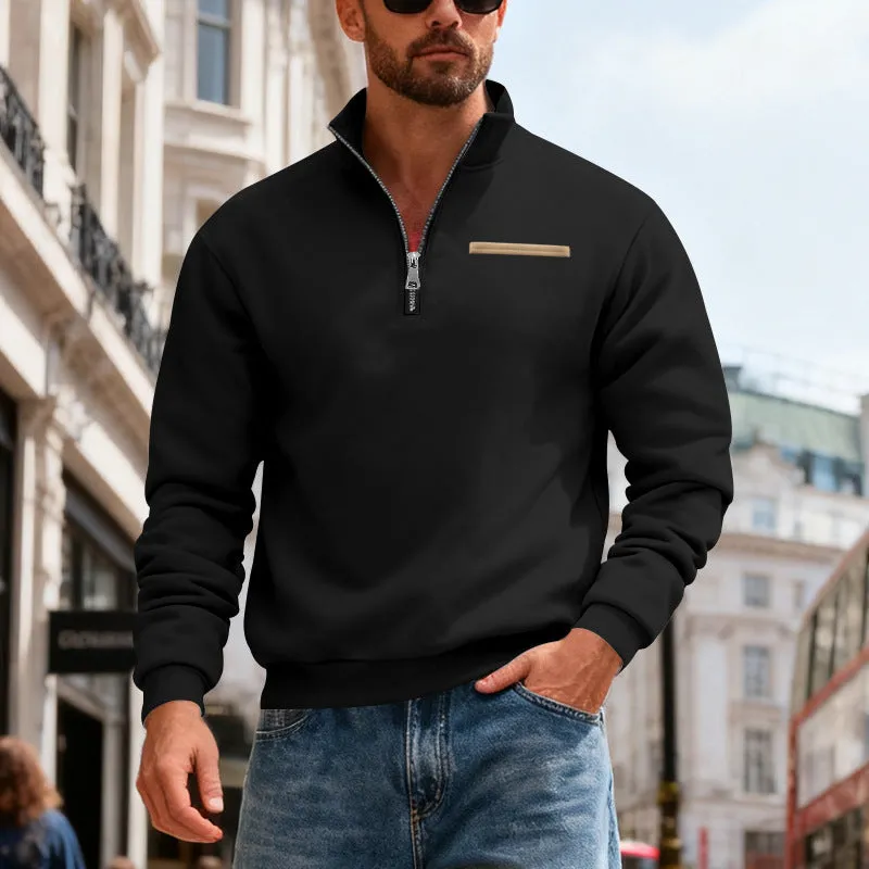 Men's warm stand collar contrast stripes sport sweatshirt in army green, loose fit polyester long sleeve