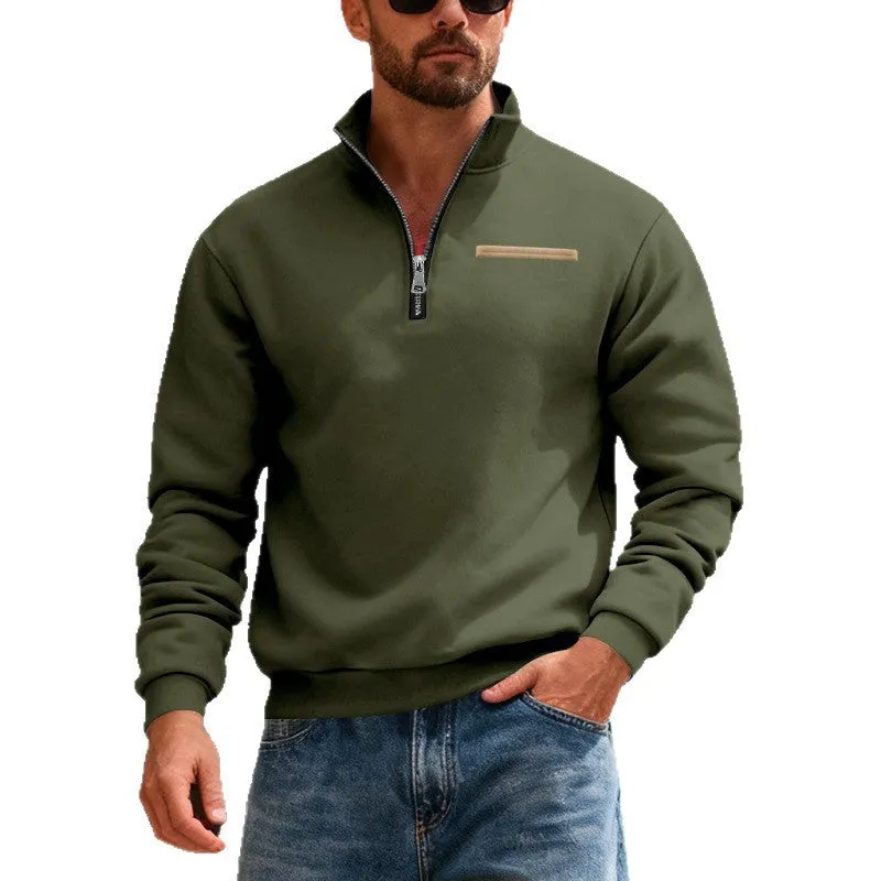 Men's warm stand collar contrast stripes sport sweatshirt in army green, loose fit polyester long sleeve