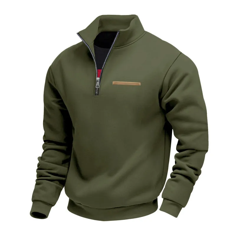 Men's warm stand collar contrast stripes sport sweatshirt in army green, loose fit polyester long sleeve