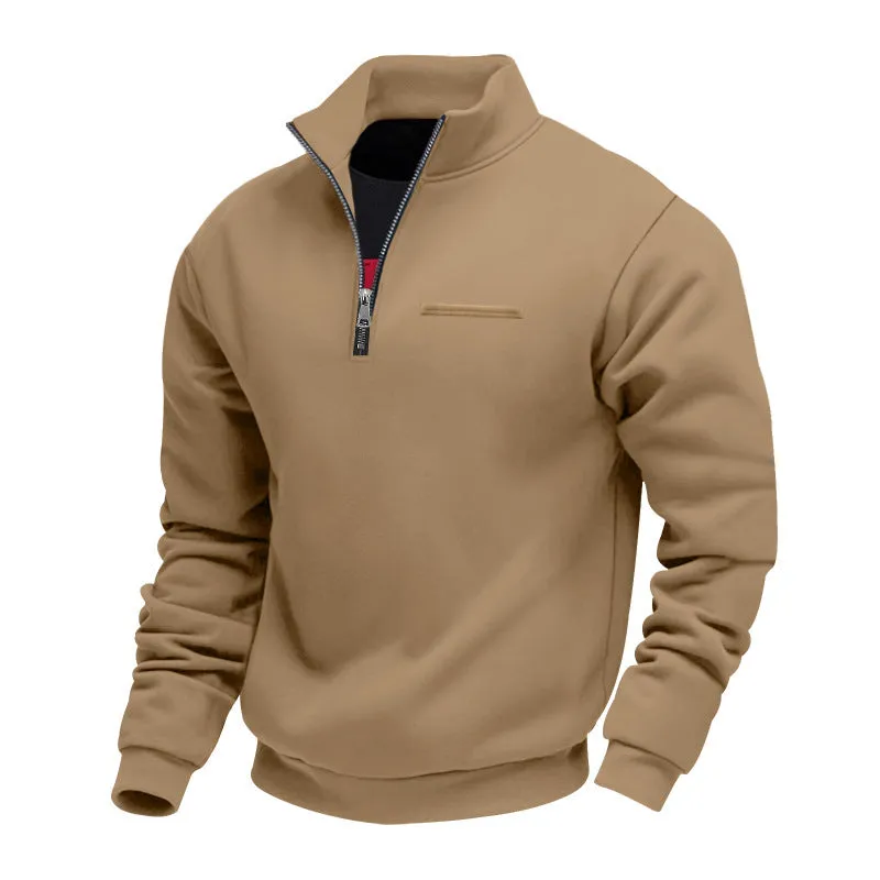 Men's warm stand collar contrast stripes sport sweatshirt in army green, loose fit polyester long sleeve