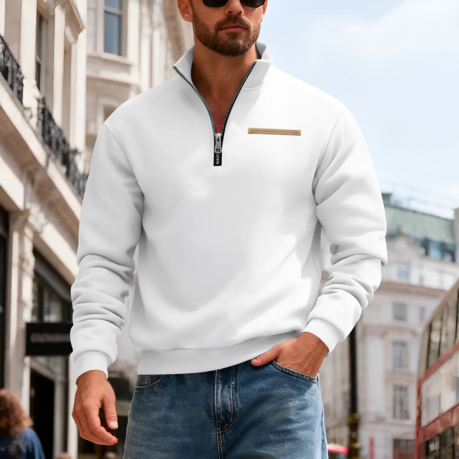 Men's warm stand collar contrast stripes sport sweatshirt in army green, loose fit polyester long sleeve