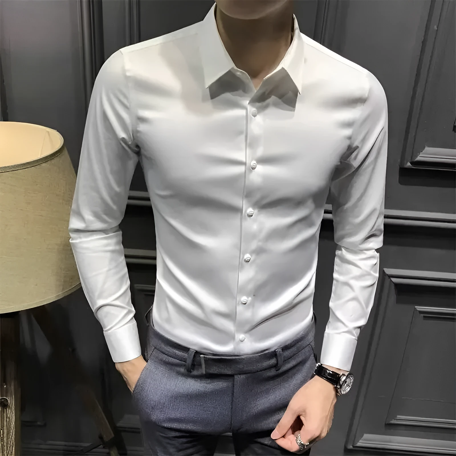Men's business casual long sleeve shirt in solid dark green polyester loose fit cardigan style sizes M to 5XL