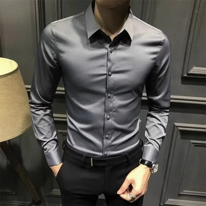Men's business casual long sleeve shirt in solid dark green polyester loose fit cardigan style sizes M to 5XL