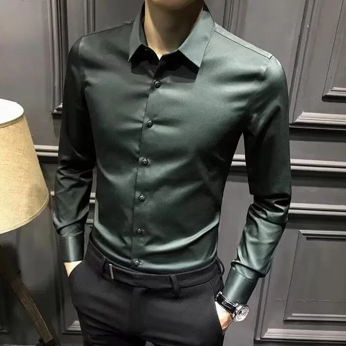 Men's business casual long sleeve shirt in solid dark green polyester loose fit cardigan style sizes M to 5XL