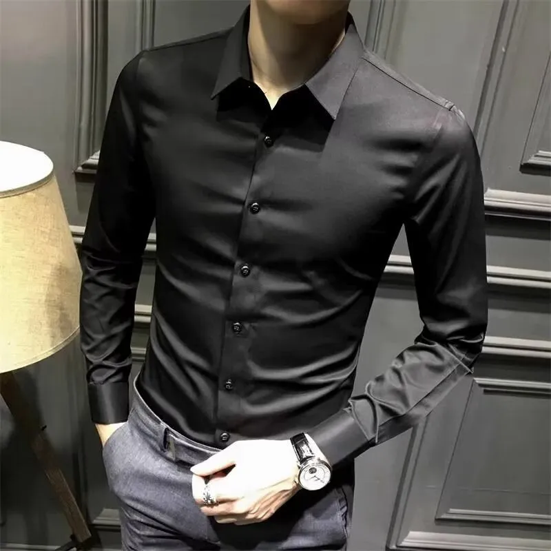 Men's business casual long sleeve shirt in solid dark green polyester loose fit cardigan style sizes M to 5XL