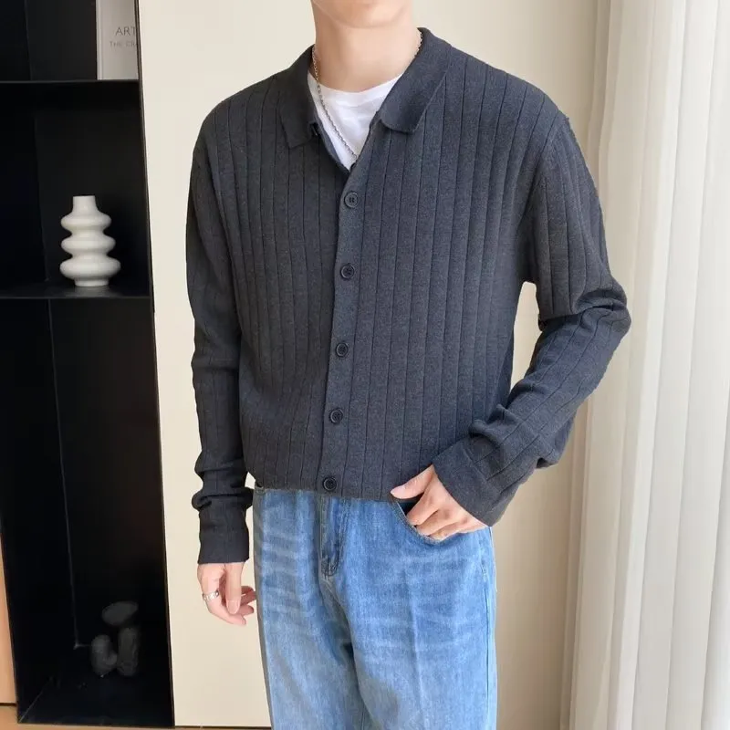 Men's casual loose lapel chenille cardigan sweater in gray, cotton blend, shown on model, front view
