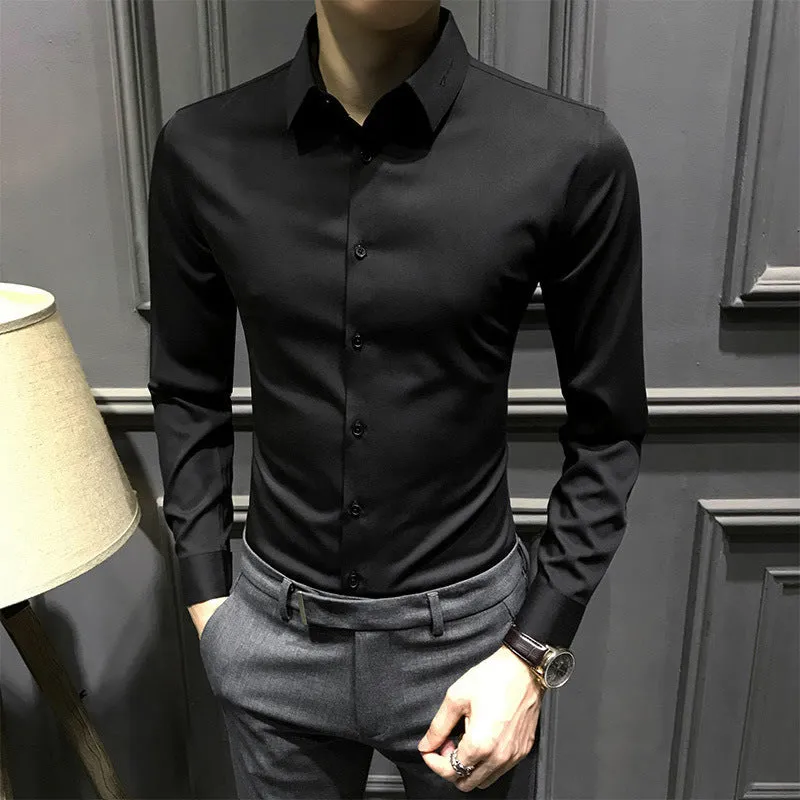 New Business Men's Casual Shirt solid colour slim fit polyester in white