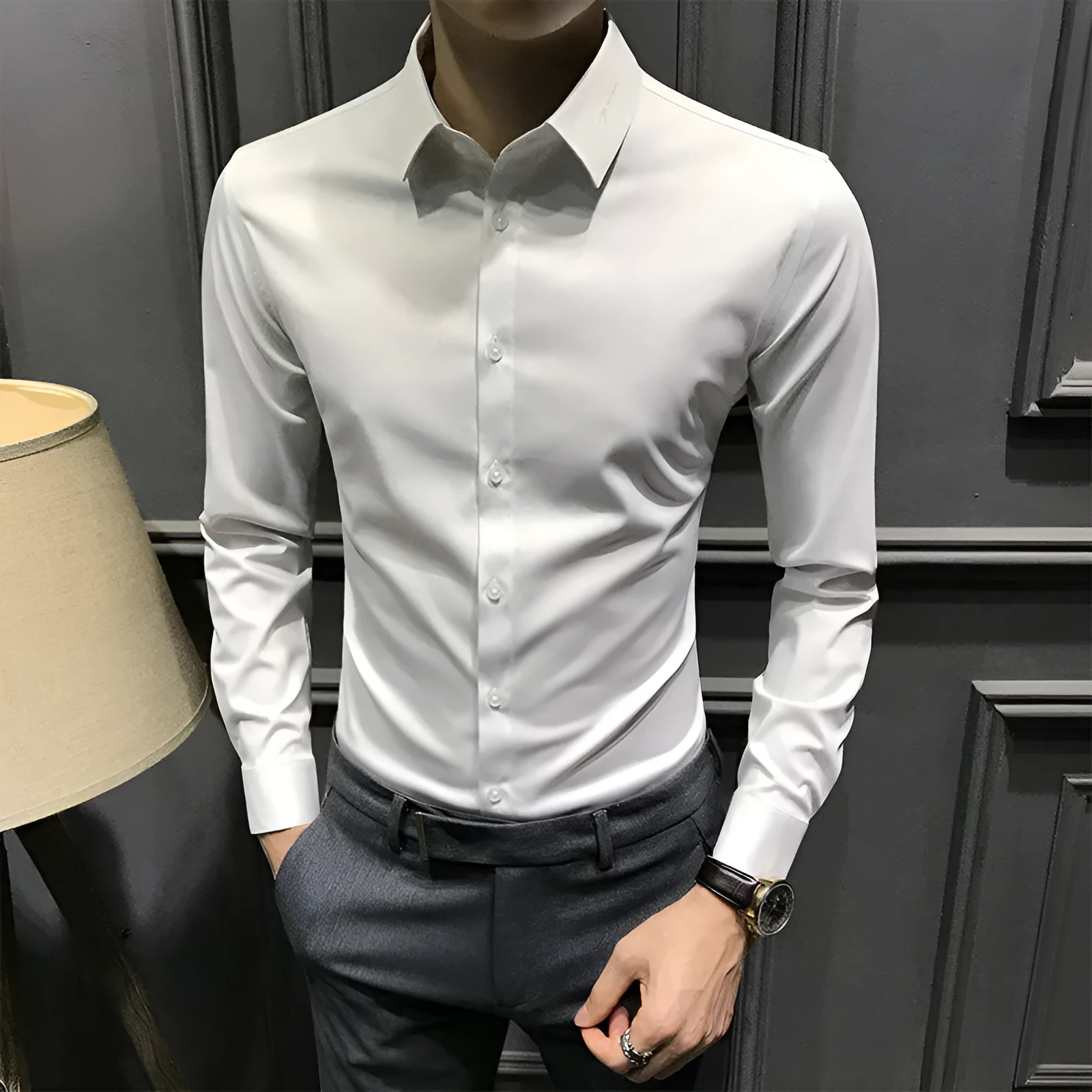 New Business Men's Casual Shirt solid colour slim fit polyester in white