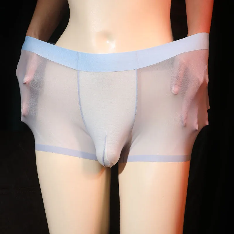 Men's ultra-thin transparent ice silk boxer shorts in light grey, shown flat.