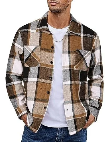 Plaid casual long sleeve shirt jacket in a grid pattern, cotton-polyester blend, cardigan style, available in multiple colours