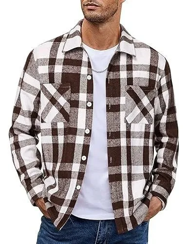 Plaid casual long sleeve shirt jacket in a grid pattern, cotton-polyester blend, cardigan style, available in multiple colours