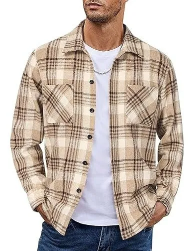 Plaid casual long sleeve shirt jacket in a grid pattern, cotton-polyester blend, cardigan style, available in multiple colours
