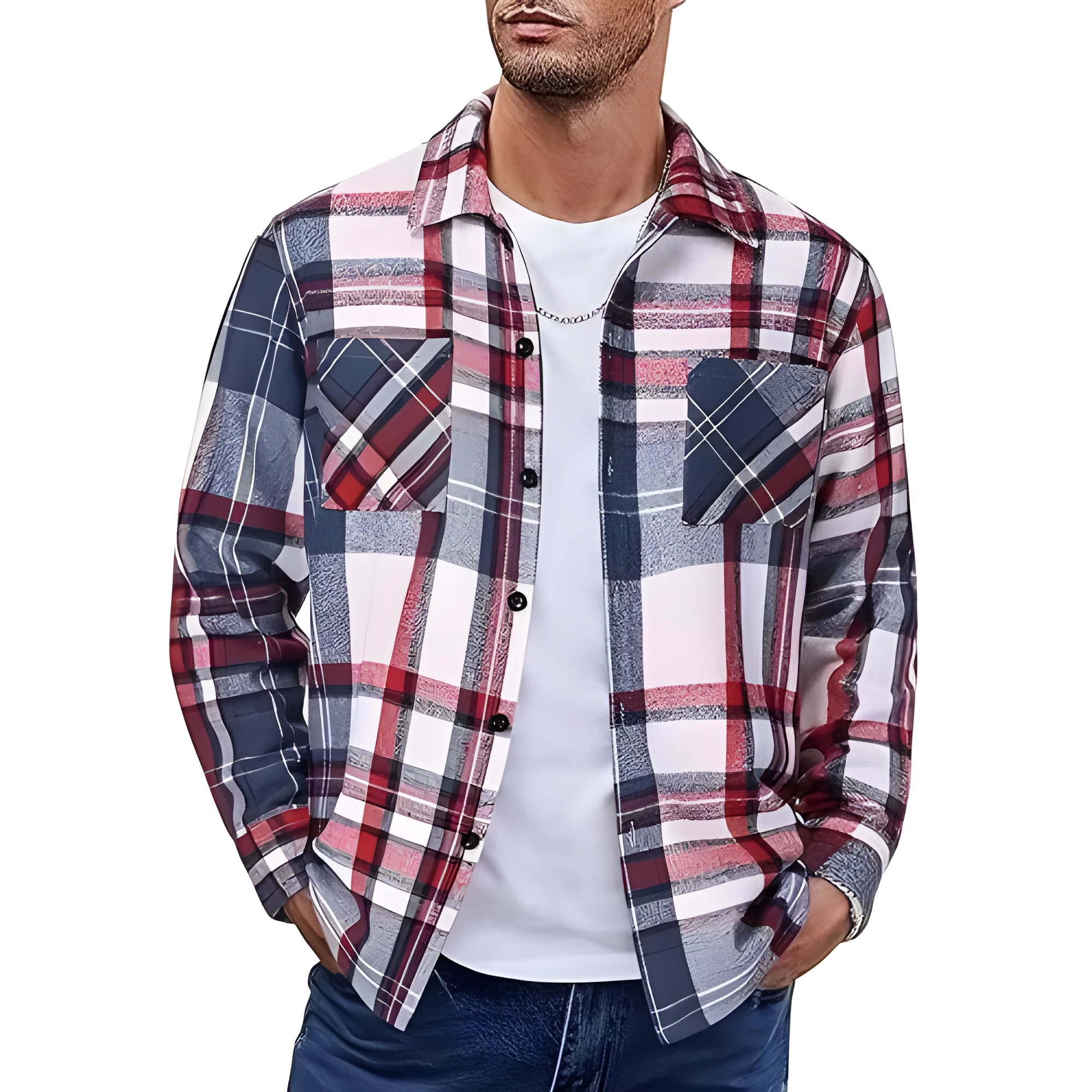 Plaid casual long sleeve shirt jacket in a grid pattern, cotton-polyester blend, cardigan style, available in multiple colours