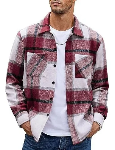 Plaid casual long sleeve shirt jacket in a grid pattern, cotton-polyester blend, cardigan style, available in multiple colours