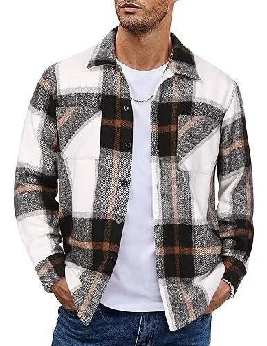 Plaid casual long sleeve shirt jacket in a grid pattern, cotton-polyester blend, cardigan style, available in multiple colours