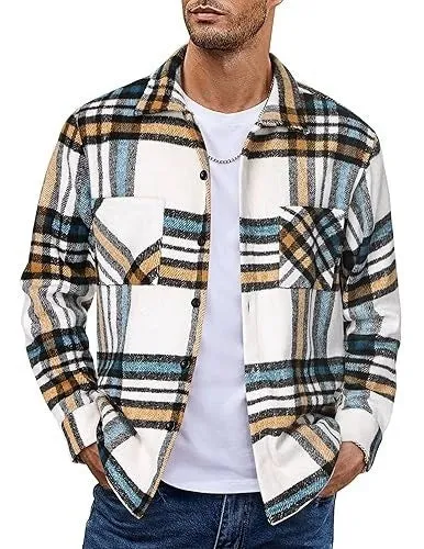 Plaid casual long sleeve shirt jacket in a grid pattern, cotton-polyester blend, cardigan style, available in multiple colours