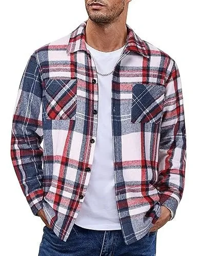 Plaid casual long sleeve shirt jacket in a grid pattern, cotton-polyester blend, cardigan style, available in multiple colours