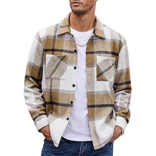 Plaid casual long sleeve shirt jacket in a grid pattern, cotton-polyester blend, cardigan style, available in multiple colours