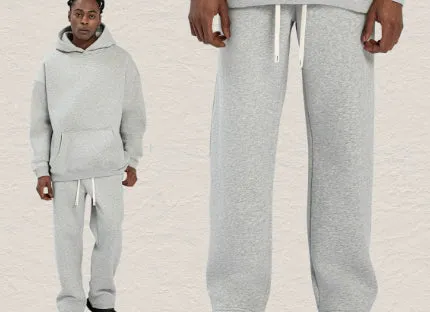 Men's hooded fleece-lined sweatshirt set with long-sleeve top and matching trousers in grey