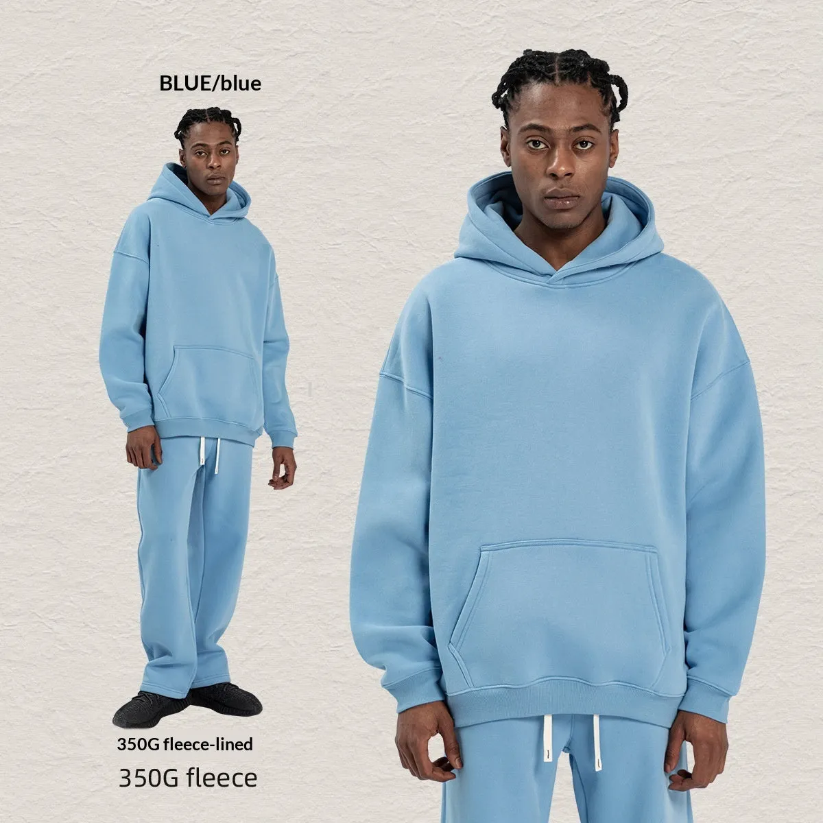Men's hooded fleece-lined sweatshirt set with long-sleeve top and matching trousers in grey