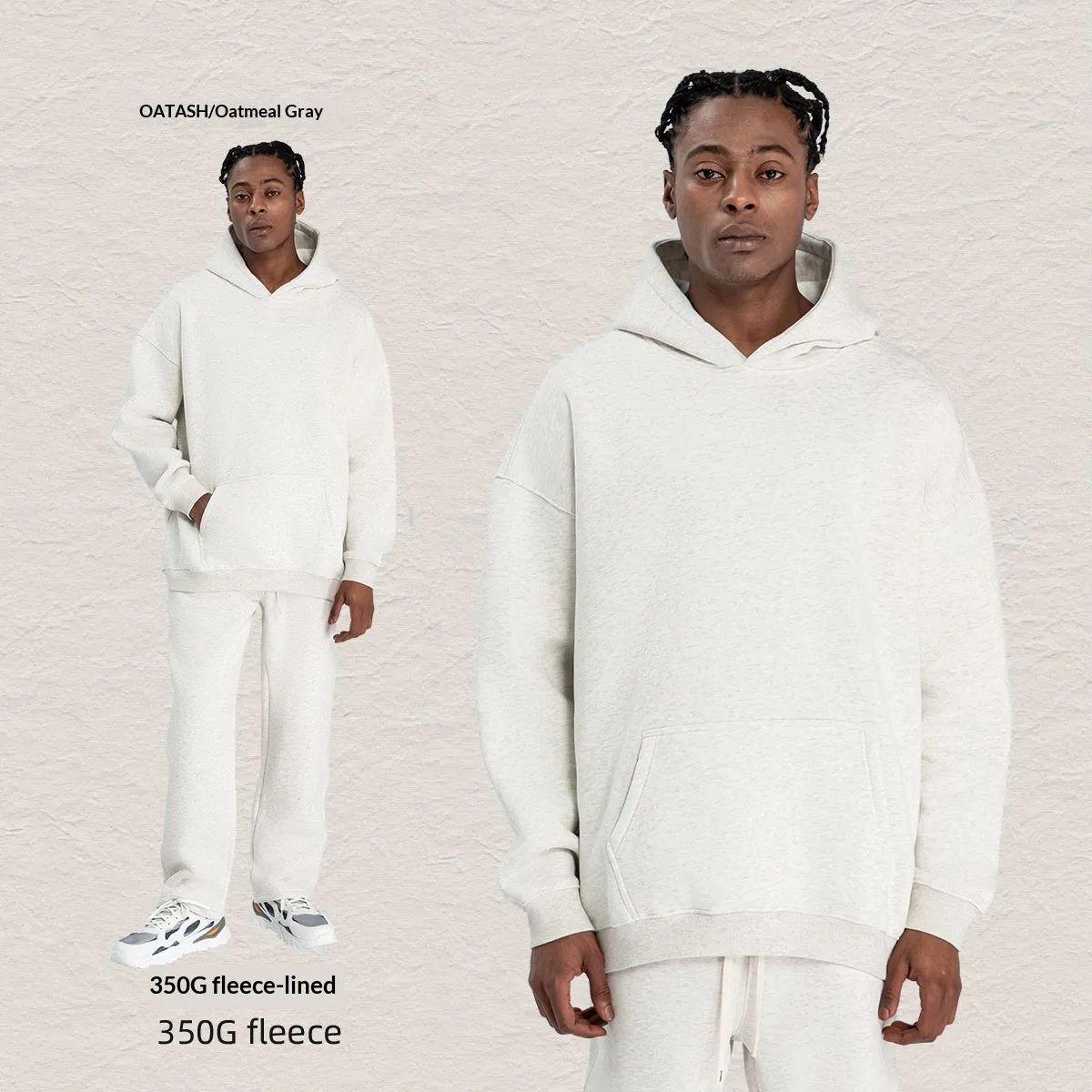 Men's hooded fleece-lined sweatshirt set with long-sleeve top and matching trousers in grey