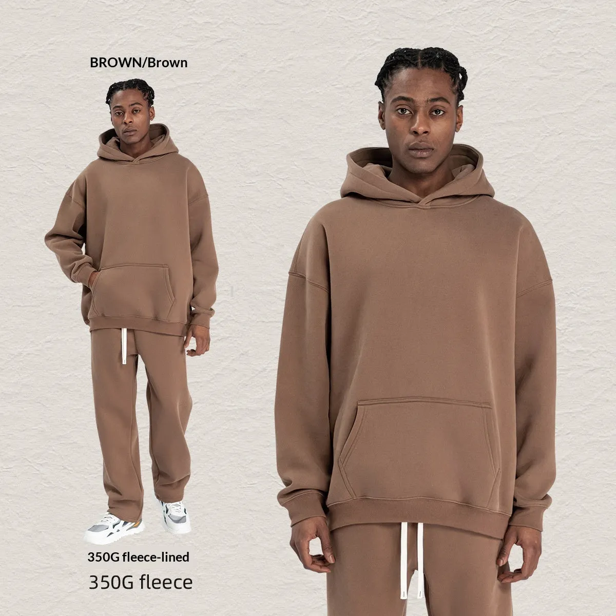 Men's hooded fleece-lined sweatshirt set with long-sleeve top and matching trousers in grey