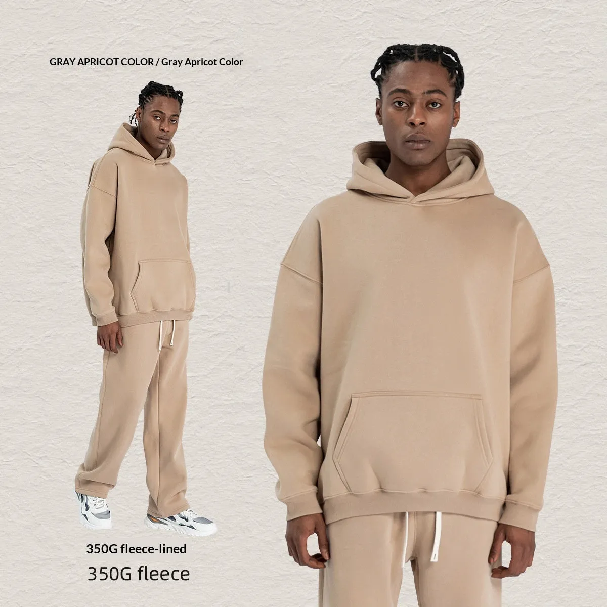 Men's hooded fleece-lined sweatshirt set with long-sleeve top and matching trousers in grey