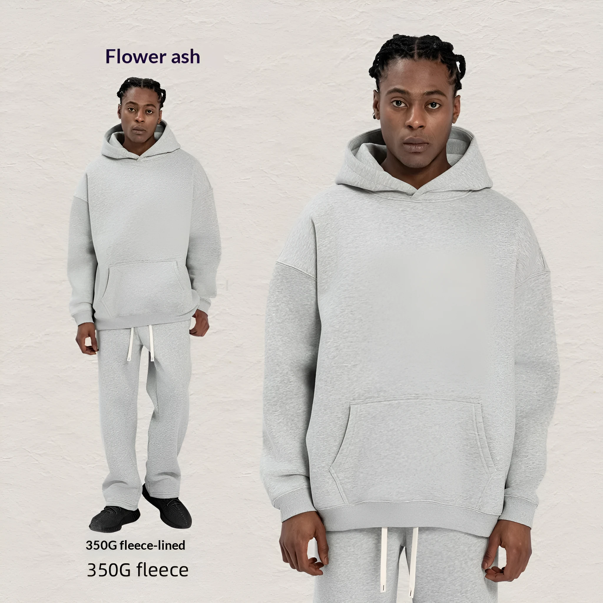Men's hooded fleece-lined sweatshirt set with long-sleeve top and matching trousers in grey