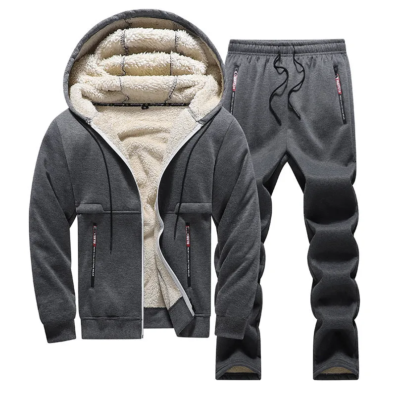 Fleece-lined thickened men's tracksuit set with hooded top and long pants in dark gray rabbit hair fabric