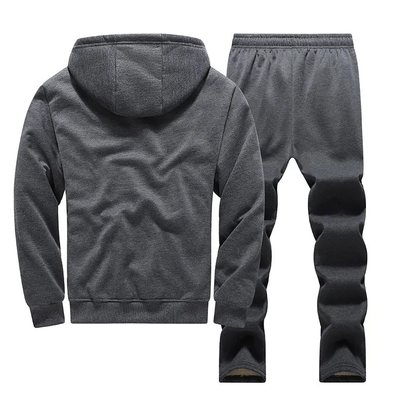 Fleece-lined thickened men's tracksuit set with hooded top and long pants in dark gray rabbit hair fabric