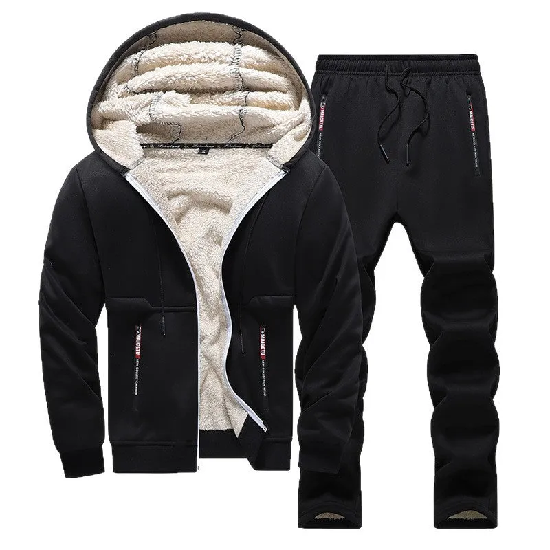 Fleece-lined thickened men's tracksuit set with hooded top and long pants in dark gray rabbit hair fabric
