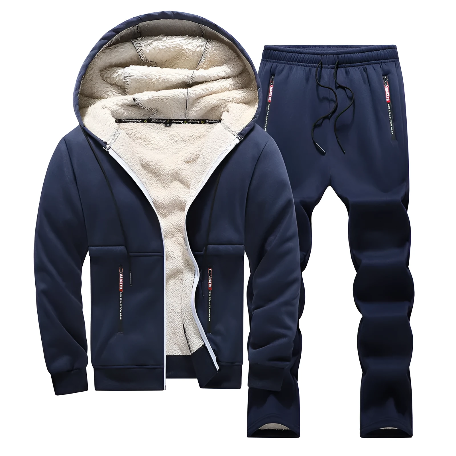 Fleece-lined thickened men's tracksuit set with hooded top and long pants in dark gray rabbit hair fabric
