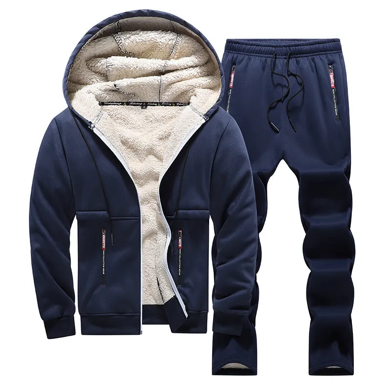 Fleece-lined thickened men's tracksuit set with hooded top and long pants in dark gray rabbit hair fabric