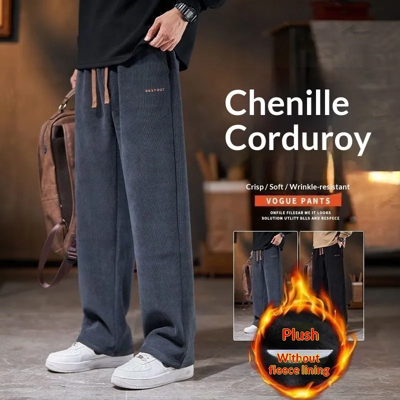 Men's loose straight-leg fleece-lined trousers in dark gray, polyester fabric, mid-rise waist, side view