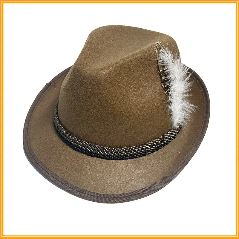 Velvet fedora hat with turkey feather trim in brown and black, showing structured crown and brim, 30x26x14cm