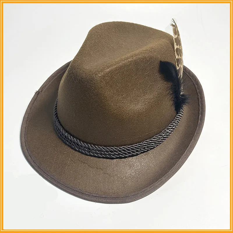 Velvet fedora hat with turkey feather trim in brown and black, showing structured crown and brim, 30x26x14cm
