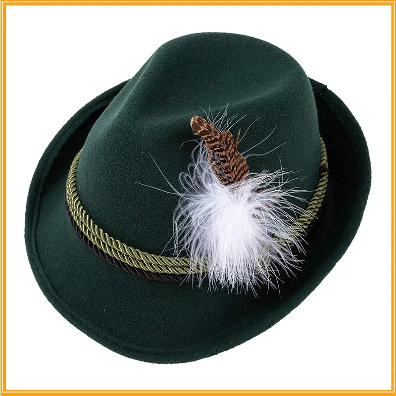 Velvet fedora hat with turkey feather trim in brown and black, showing structured crown and brim, 30x26x14cm