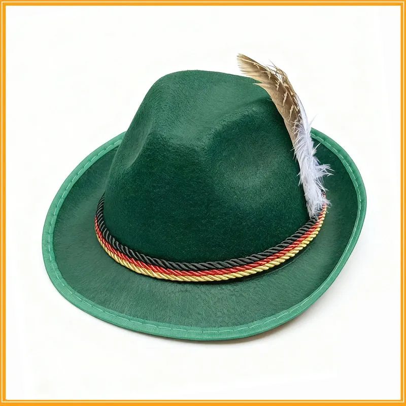 Velvet fedora hat with turkey feather trim in brown and black, showing structured crown and brim, 30x26x14cm