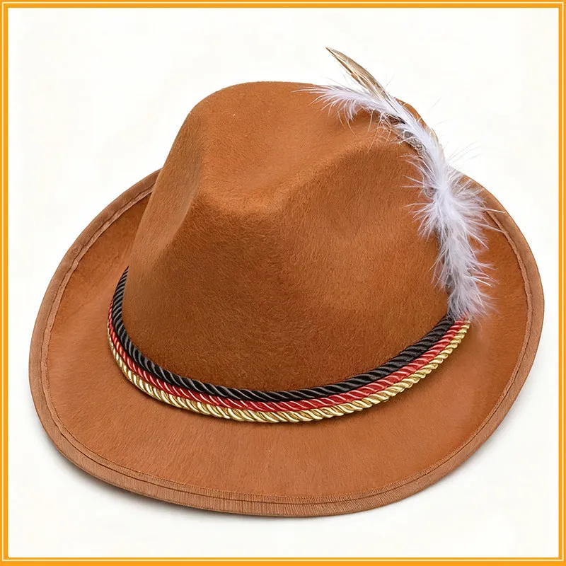 Velvet fedora hat with turkey feather trim in brown and black, showing structured crown and brim, 30x26x14cm