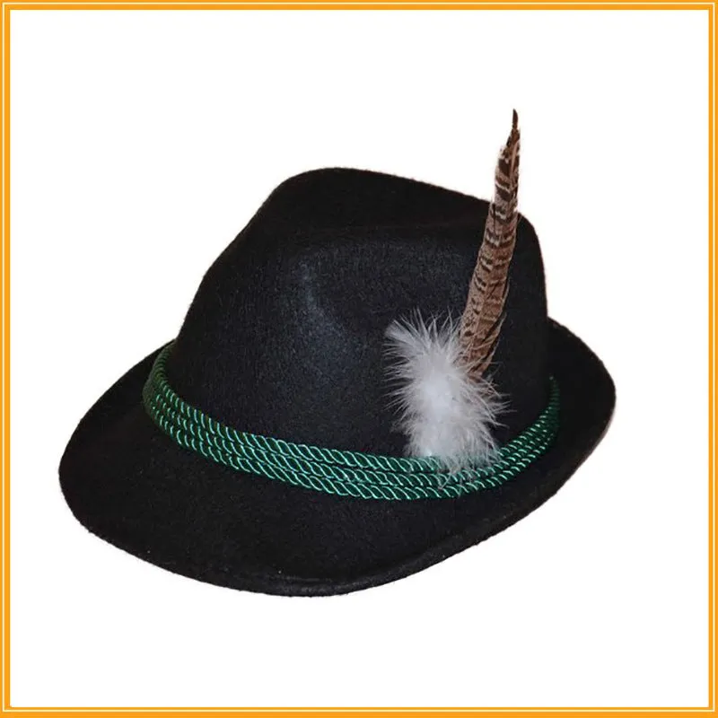 Velvet fedora hat with turkey feather trim in brown and black, showing structured crown and brim, 30x26x14cm