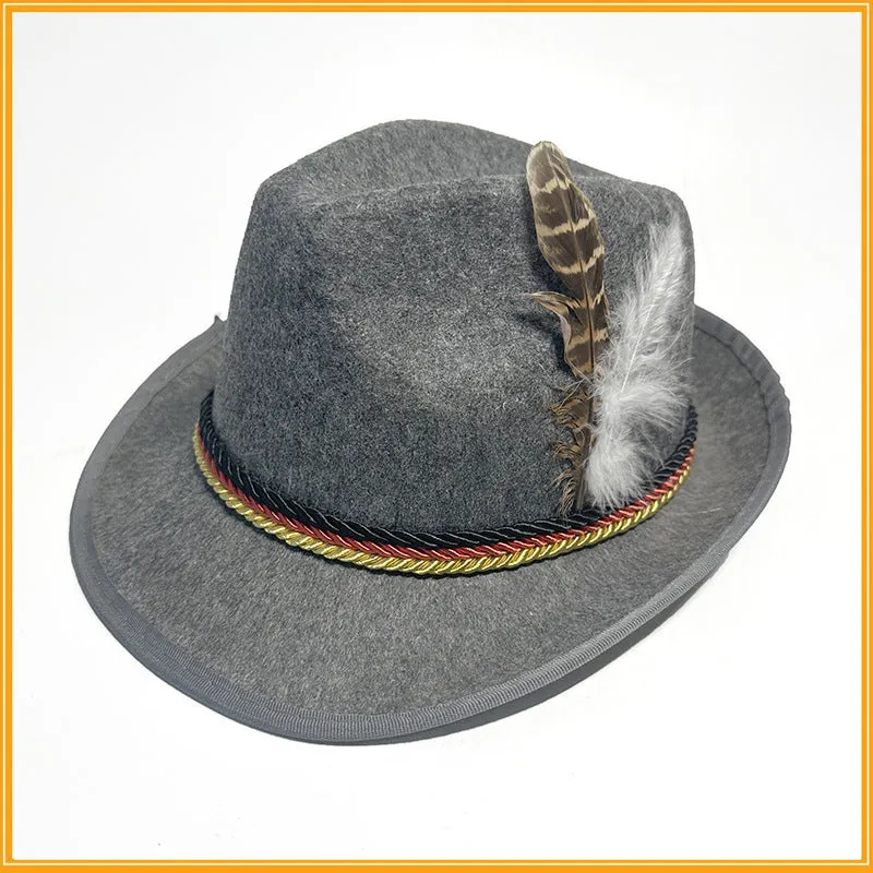 Velvet fedora hat with turkey feather trim in brown and black, showing structured crown and brim, 30x26x14cm