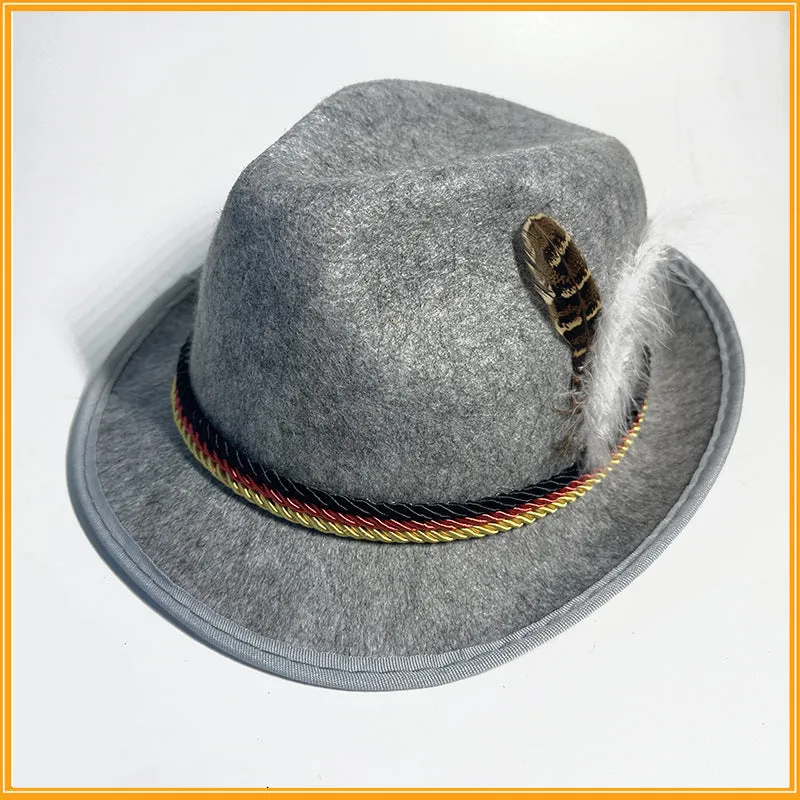 Velvet fedora hat with turkey feather trim in brown and black, showing structured crown and brim, 30x26x14cm