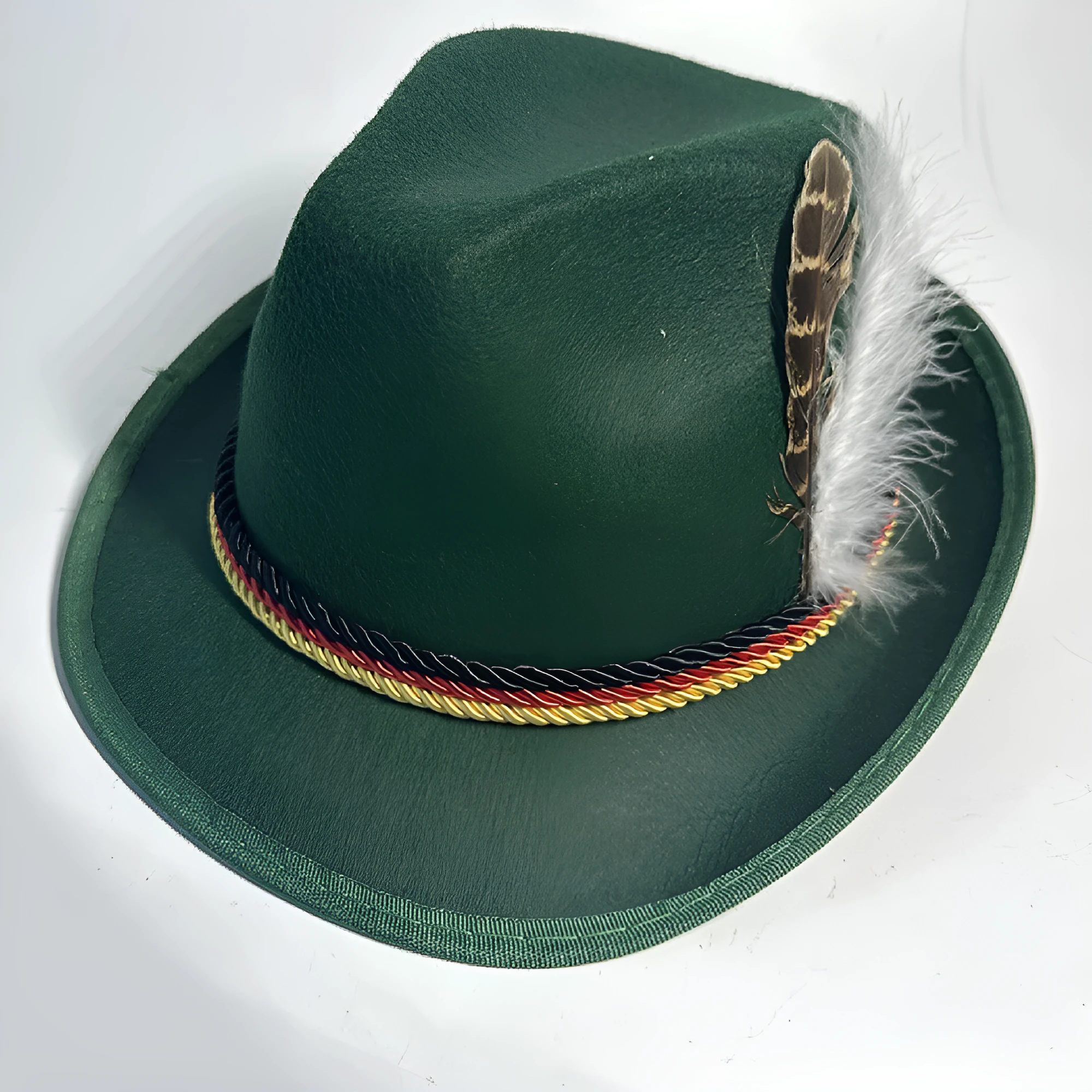 Velvet fedora hat with turkey feather trim in brown and black, showing structured crown and brim, 30x26x14cm