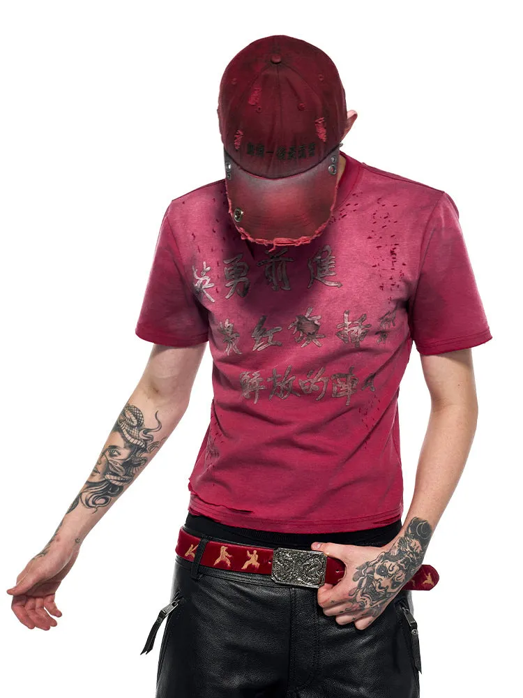 Red men's slim-fit T-shirt with distressed spray wash finish and short sleeves