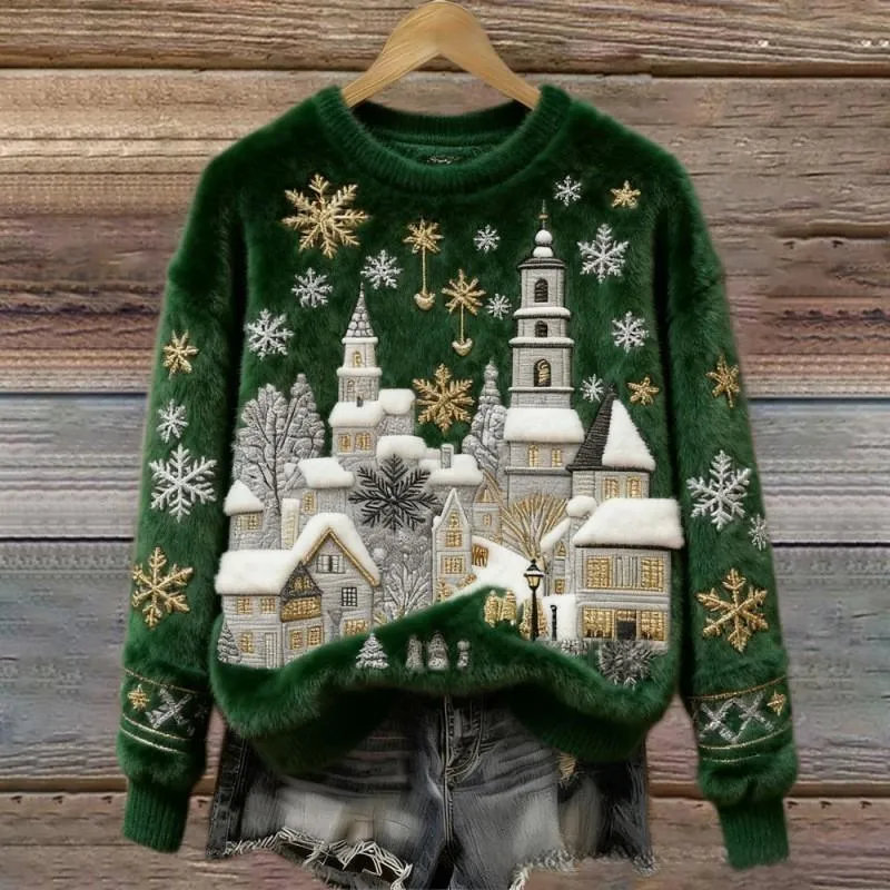 Women's round-neck sweatshirt with faux fur trim and 3D pattern in loose fit pullover style