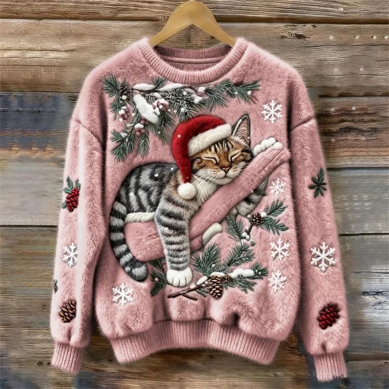 Women's round-neck sweatshirt with faux fur trim and 3D pattern in loose fit pullover style