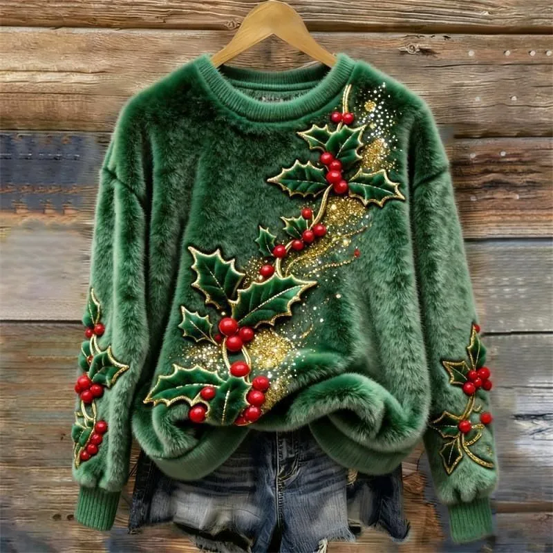 Women's round-neck sweatshirt with faux fur trim and 3D pattern in loose fit pullover style