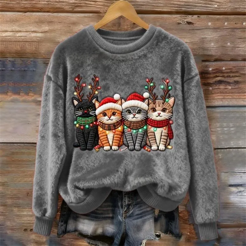 Women's round-neck sweatshirt with faux fur trim and 3D pattern in loose fit pullover style