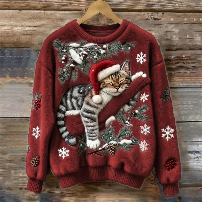 Women's round-neck sweatshirt with faux fur trim and 3D pattern in loose fit pullover style