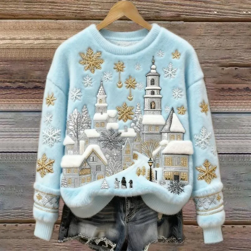 Women's round-neck sweatshirt with faux fur trim and 3D pattern in loose fit pullover style